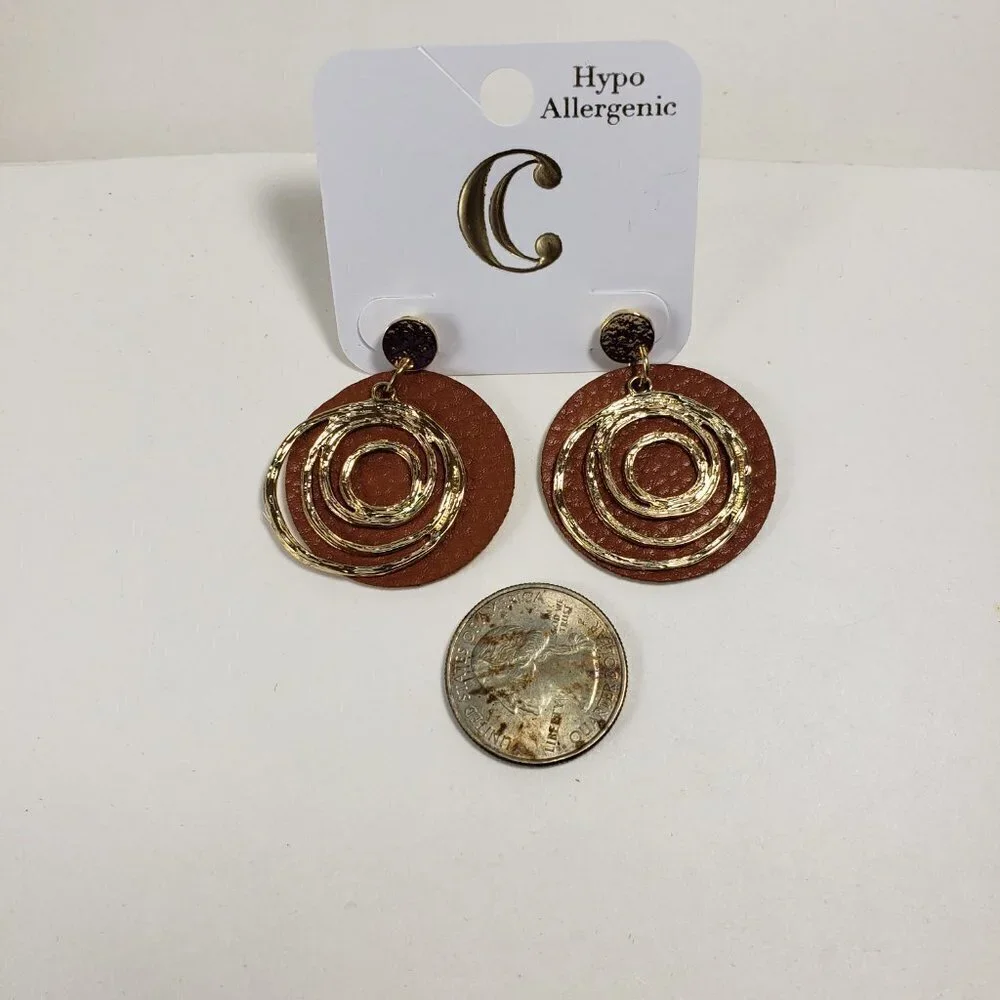 Stylish Gold Spiral Hoop & Brown Leather Drop Stud Earrings 4 Fashionable Women